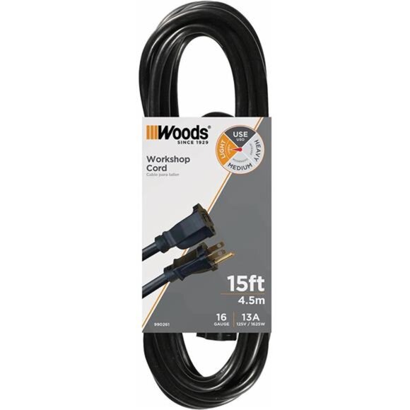 Woods Indoor Extension Cord, 15 Ft 16 Gauge 3 Prong,Garage & Workshop Power Cord - Picture 1 of 7